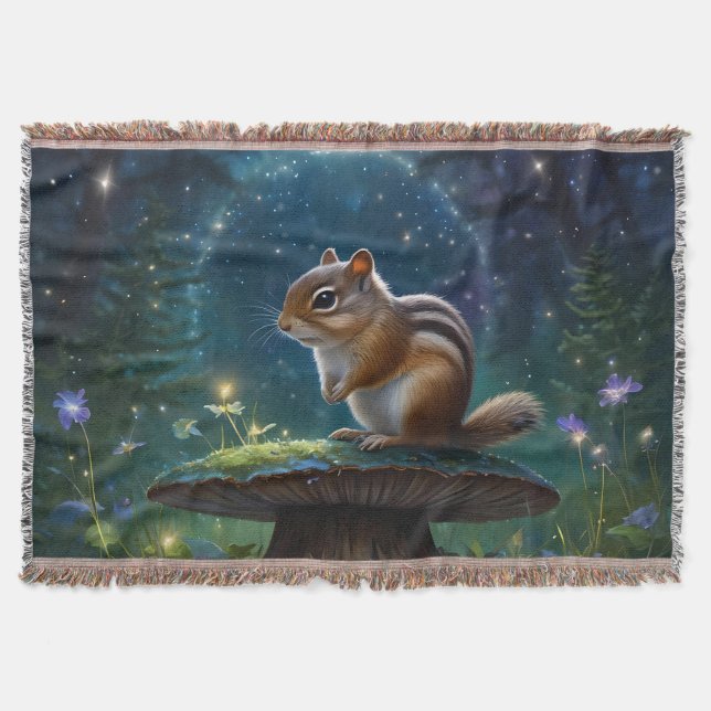 Cute Chipmunk on Mushroom in Moonlight Throw Blanket (Front)