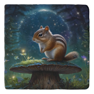 Cute Chipmunk on Mushroom in Moonlight Trivet