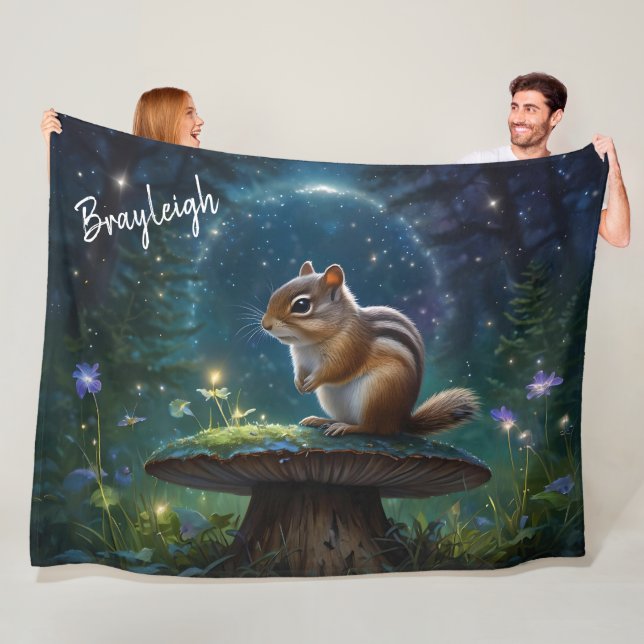 Cute Chipmunk on Mushroom *Personalize* Fleece Blanket (In Situ)