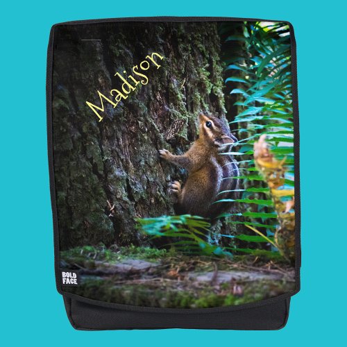 Cute Chipmunk Photo Mossy Tree Green Forest Ferns Backpack