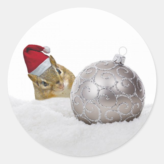 Cute Chipmunk Silver and Snow Christmas Holiday Classic Round Sticker (Front)