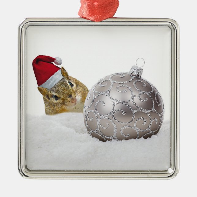 Cute Chipmunk Silver and Snow Christmas Holiday Metal Ornament (Front)