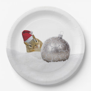Cute Chipmunk Silver and Snow Christmas Holiday Paper Plates