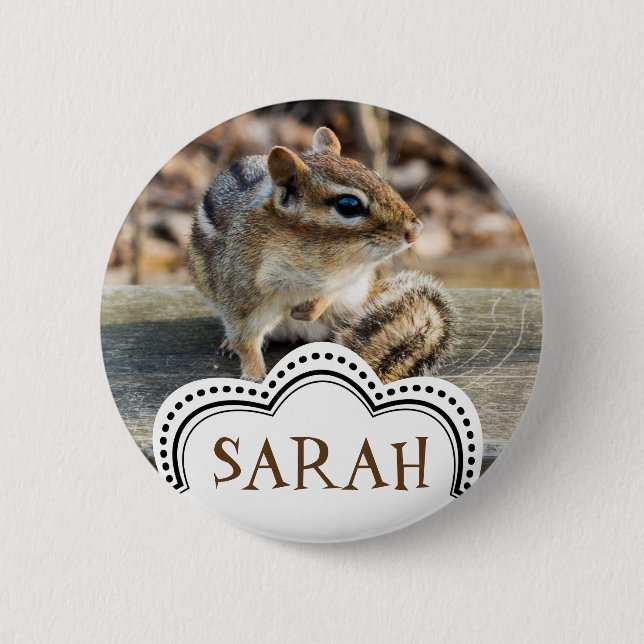 Cute Chipmunk Sitting on Wooden Rail in Forest Pinback Button (Front)