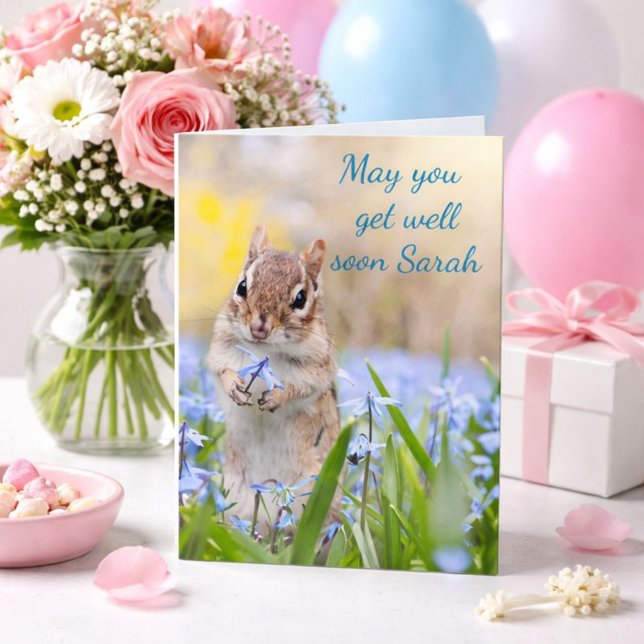 Cute Chipmunk Soft Floral Get Well Soon Card (Creator Uploaded)