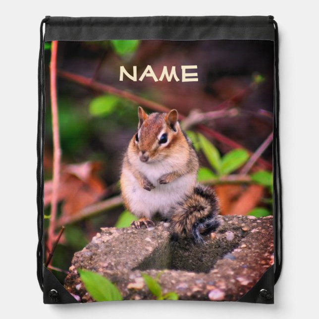 Cute Chipmunk Wildlife Personalized Drawstring Bag (Front)