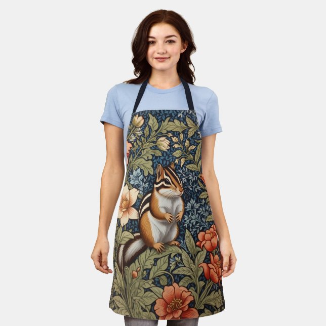 Cute Chipmunk William Morris Inspired Floral Apron (Worn)