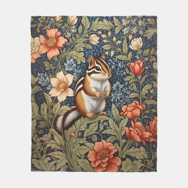 Cute Chipmunk William Morris Inspired Floral Fleece Blanket (Front)