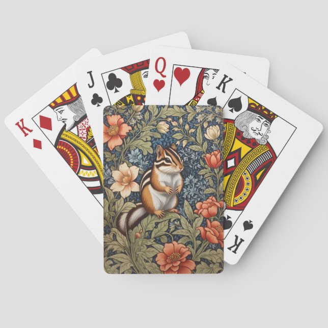 Cute Chipmunk William Morris Inspired Floral Poker Cards (Back)