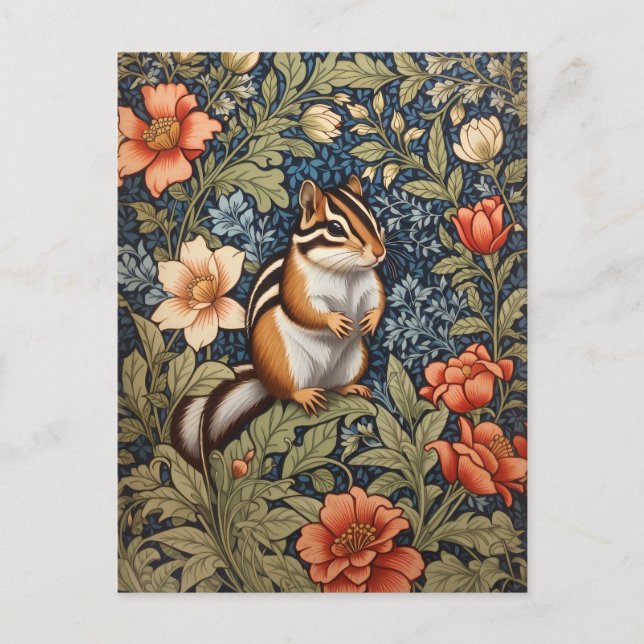 Cute Chipmunk William Morris Inspired Floral Postcard (Front)