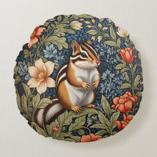 Cute Chipmunk William Morris Inspired Floral Round Pillow