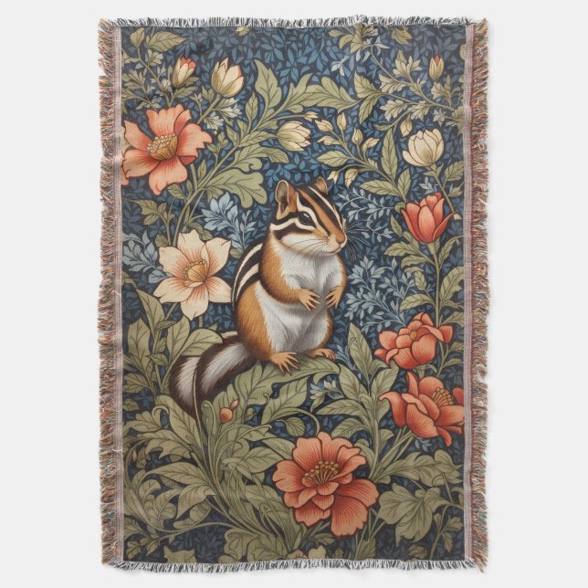 Cute Chipmunk William Morris Inspired Floral Throw Blanket (Front Vertical)