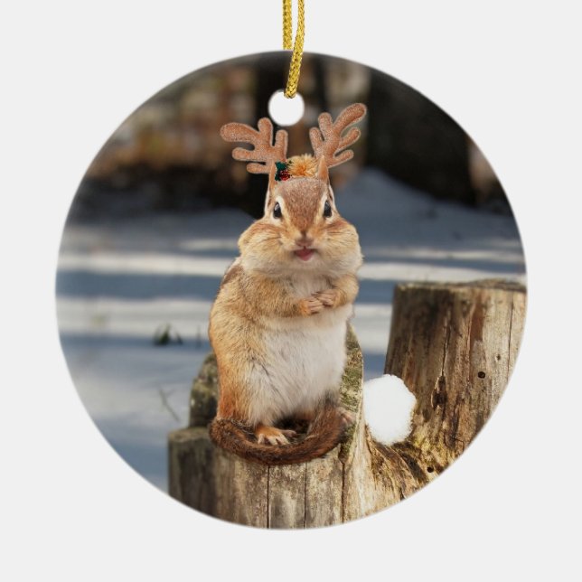 Cute Chipmunk with Antlers Ceramic Ornament (Front)