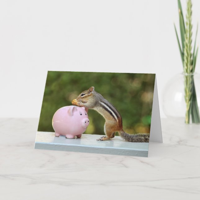Cute Chipmunk with Funny Money Piggy Bank Picture Card (Front)