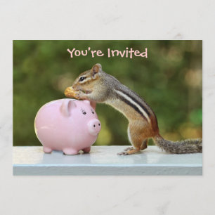 Cute Chipmunk with Funny Money Piggy Bank Picture Invitation