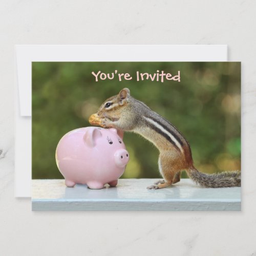 Cute Chipmunk with Funny Money Piggy Bank Picture Invitation
