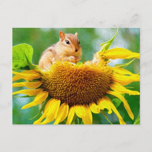 Cute Chipmunk Yellow Sunflower Photo Painting Postcard