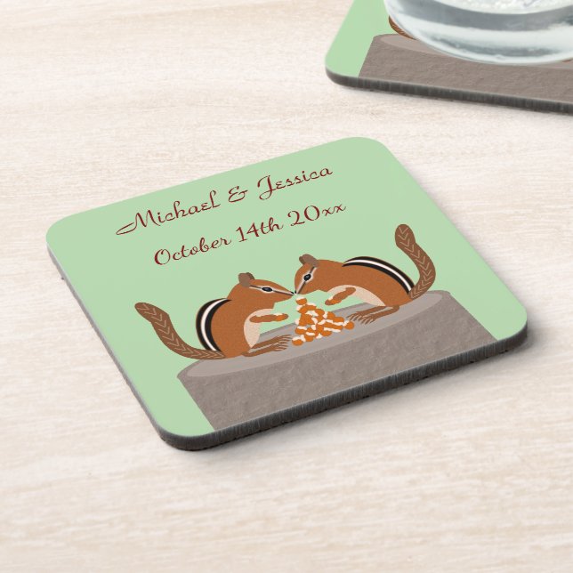 Cute Chipmunks Fall Wedding Custom Beverage Coaster (Left Side)