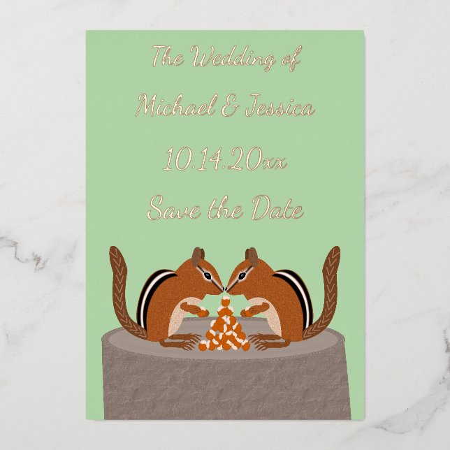 Cute Chipmunks Fall Wedding Custom Foil Holiday Card (Front)