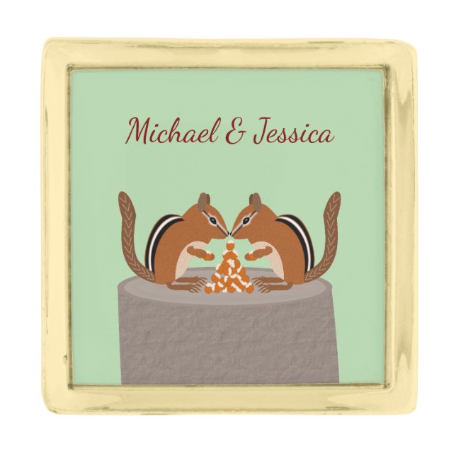 Cute Chipmunks Fall Wedding Custom Gold Finish Lapel Pin (Front)
