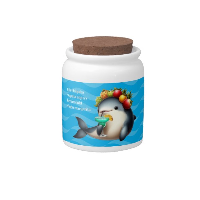 Cute Chiquita Vaquita Enjoying a Virgin Margarita Candy Jar (Front)