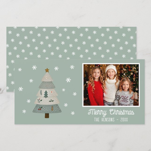 Cute Chistmas Tree Snowflakes Family Photo Holiday Card (Front/Back)