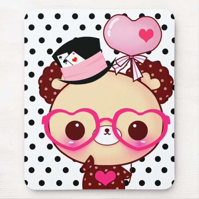 Cute chocolate bear with pink glasses mouse pad (Front)