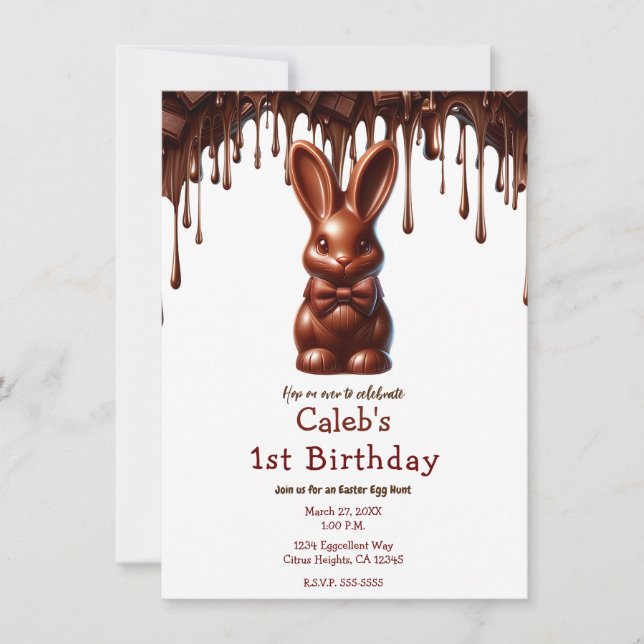 Cute Chocolate Bow Tie Easter Bunny 1st Birthday  Invitation (Front)