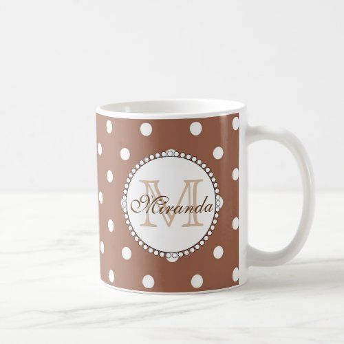 Cute chocolate brown  white polka dots name coffee mug