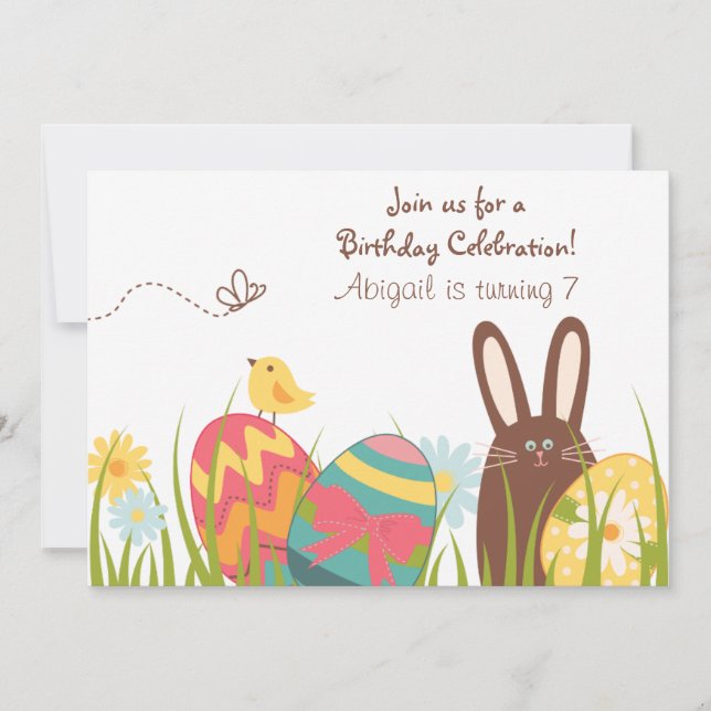 Cute Chocolate Bunny and Easter Eggs Birthday Invitation (Front)