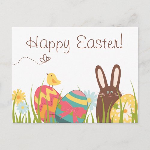 Cute Chocolate Bunny and Easter Eggs Happy Easter Holiday Postcard