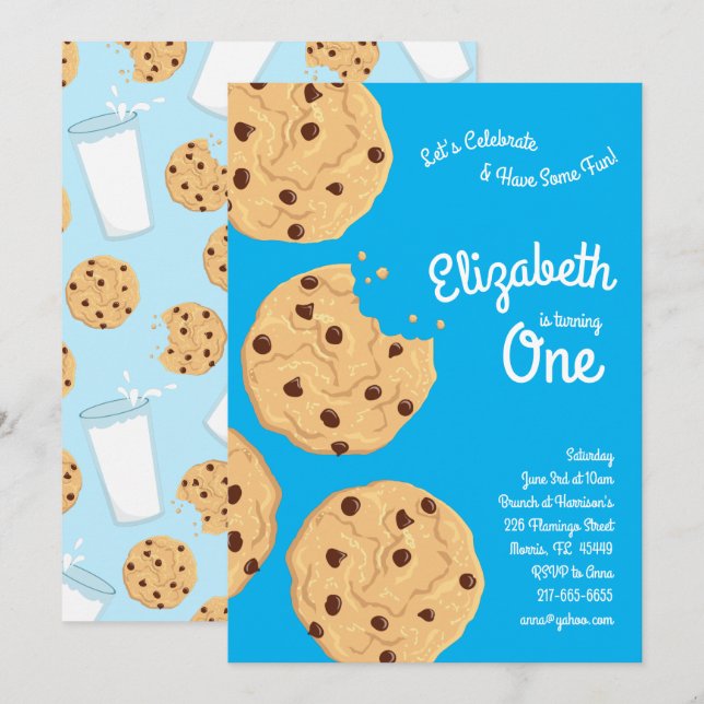 Cute Chocolate Chip Cookie Kids 1st Birthday Party Invitation (Front/Back)