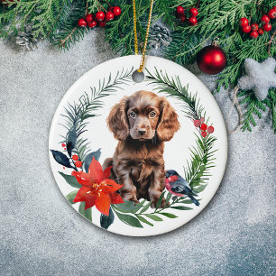 Cute Chocolate Cocker Spaniel Puppy Poinsettia Ceramic Ornament