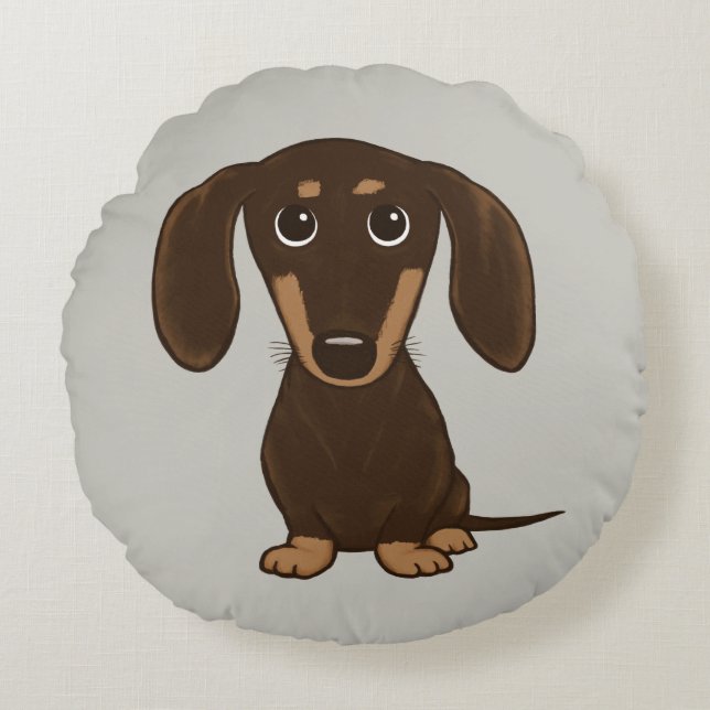 Cute Chocolate Dachshund | Cartoon Wiener Dog Round Pillow (Front)