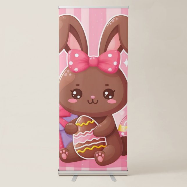Cute chocolate Easter bunny with pink stripes Retractable Banner (Front)