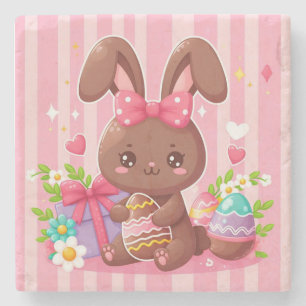 Cute chocolate Easter bunny with pink stripes Stone Coaster