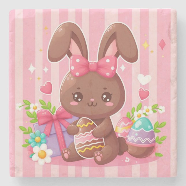 Cute chocolate Easter bunny with pink stripes Stone Coaster (Front)