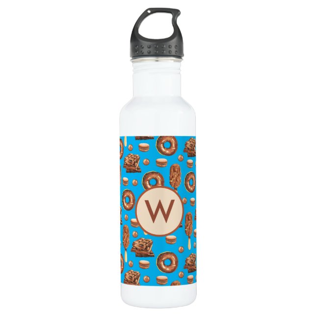 Cute Chocolate Ice Cream Donuts Monogram Stainless Steel Water Bottle (Front)