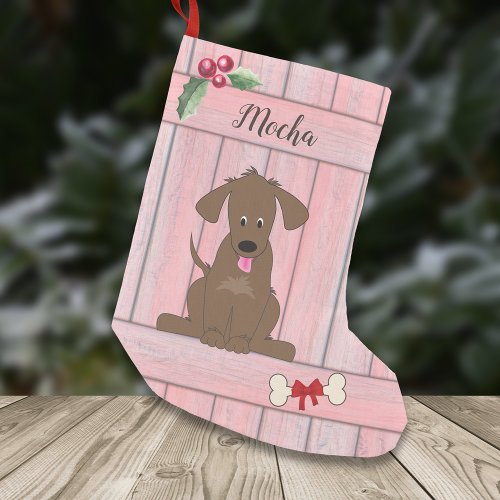 Cute Chocolate Lab Pink Wooden Fence Monogram Small Christmas Stocking
