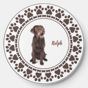 Cute Chocolate Labrador Custom Name Paw Print Wireless Charger