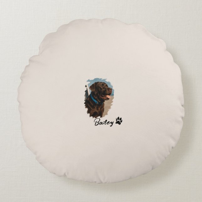 Cute Chocolate Labrador Dog – Bailey | Pet Gift Round Pillow (Front)