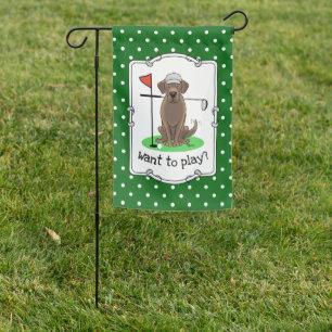 Cute Chocolate Labrador Retriever Dog Playing Golf Garden Flag