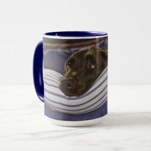 Cute Chocolate Labrador Retriever on Purple Bed Mug