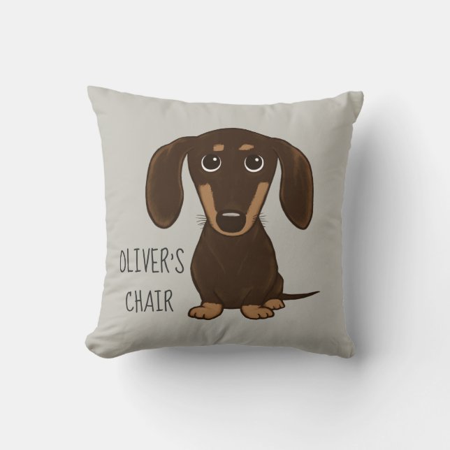 Cute Chocolate Longhaired Dachshund Personalized Throw Pillow (Front)