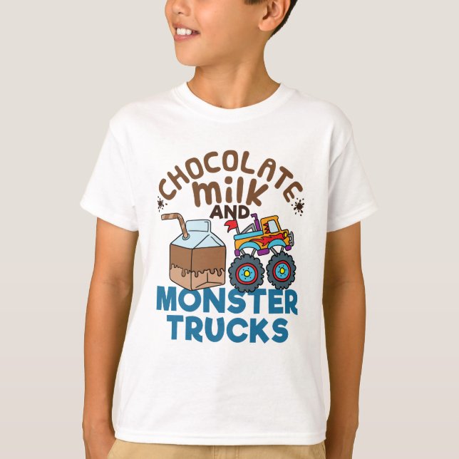 Cute Chocolate Milk and Monster Trucks  T-Shirt (Front)