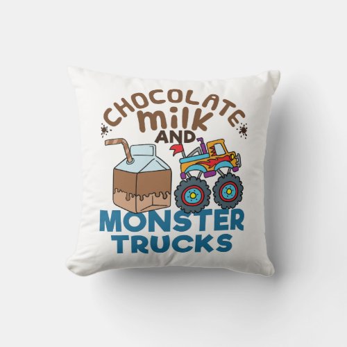 Cute Chocolate Milk and Monster Trucks  Throw Pillow