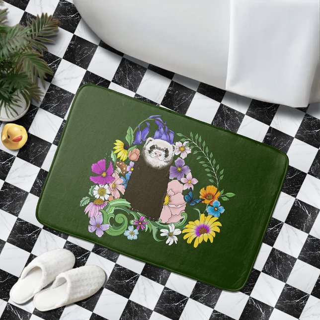 Cute Chocolate Sable Ferret Floral Green Bath Mat (Creator Uploaded)