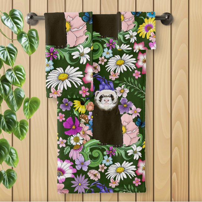 Cute Chocolate Sable Ferret Floral Green Bath Towel Set (Creator Uploaded)