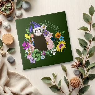 Cute Chocolate Sable Ferret Floral Green Ceramic Tile