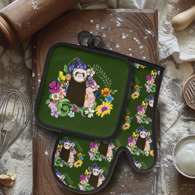 Cute Chocolate Sable Ferret Floral Green Oven Mitt & Pot Holder Set (Creator Uploaded)